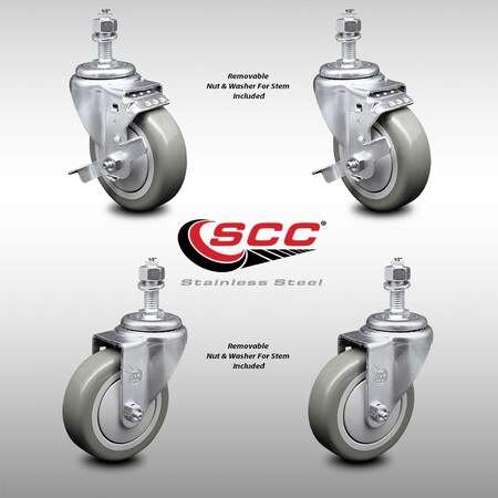 Service Caster 4 Inch SS Gray Polyurethane Swivel 1/2 Inch Threaded Stem Caster Brakes SCC, 2PK SCC-SSTS20S414-PPUB-TLB-121315-2-S-2